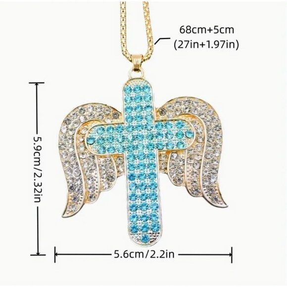 Betsey Johnson Necklace Blue Crystal Cross with Wings Pendant Gold Tone - Picture 2 of 2